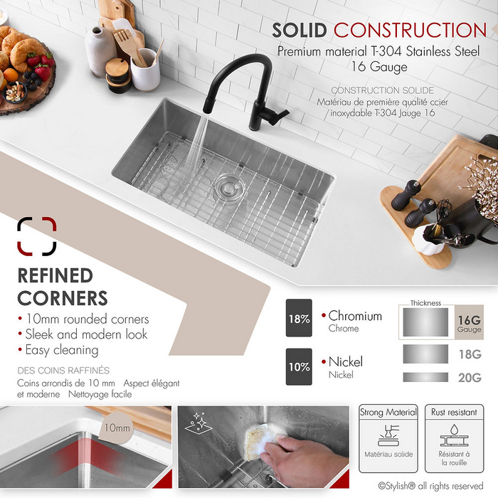 Stylish ZAFIRO 30" Single Bowl Kitchen Sink, 16 Gauge Stainless Steel with Grid and Basket Strainer - S-311XG