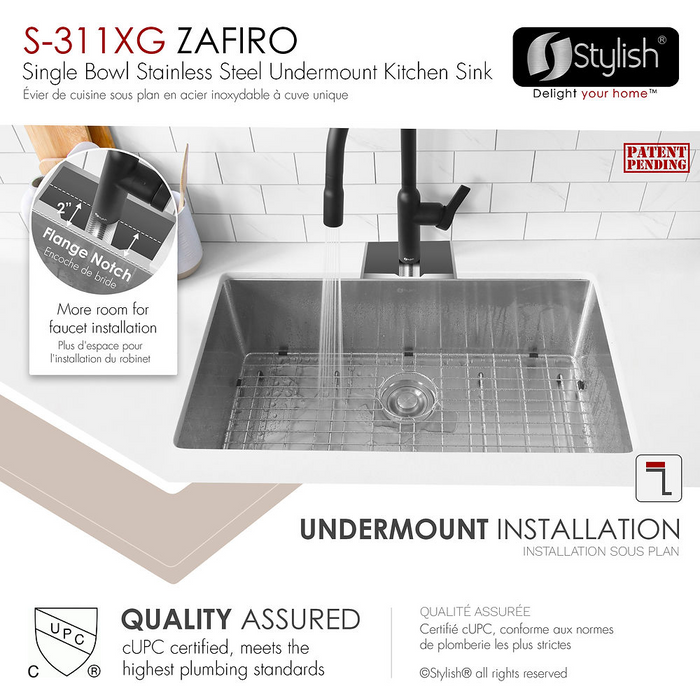 Stylish ZAFIRO 30" Single Bowl Kitchen Sink, 16 Gauge Stainless Steel with Grid and Basket Strainer - S-311XG