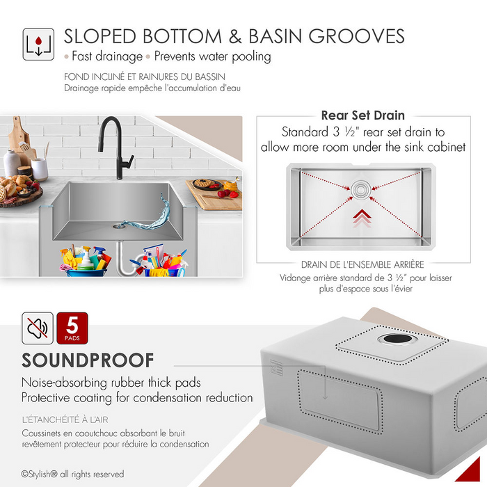 Stylish ZAFIRO 30" Single Bowl Kitchen Sink, 16 Gauge Stainless Steel with Grid and Basket Strainer - S-311XG