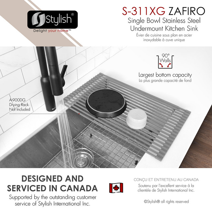 Stylish ZAFIRO 30" Single Bowl Kitchen Sink, 16 Gauge Stainless Steel with Grid and Basket Strainer - S-311XG