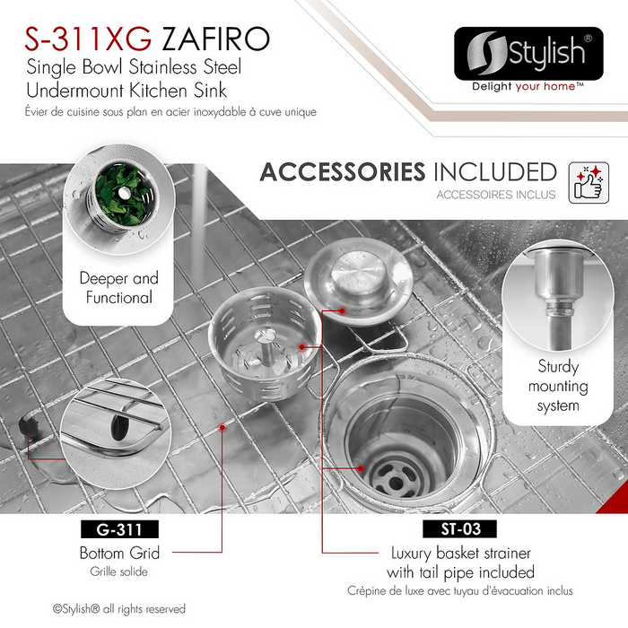 Stylish ZAFIRO 30" Single Bowl Kitchen Sink, 16 Gauge Stainless Steel with Grid and Basket Strainer - S-311XG