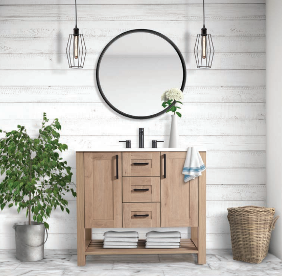 Luxo Marbre Bossy Freestanding Vanity with 2 Shaker-style Drawers, 2 Shaker-style Doors and Ribbed Lower Shelf