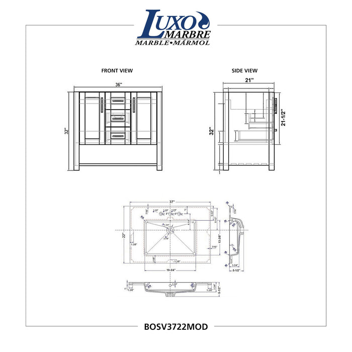 Luxo Marbre Bossy Freestanding Vanity with 2 Shaker-style Drawers, 2 Shaker-style Doors and Ribbed Lower Shelf
