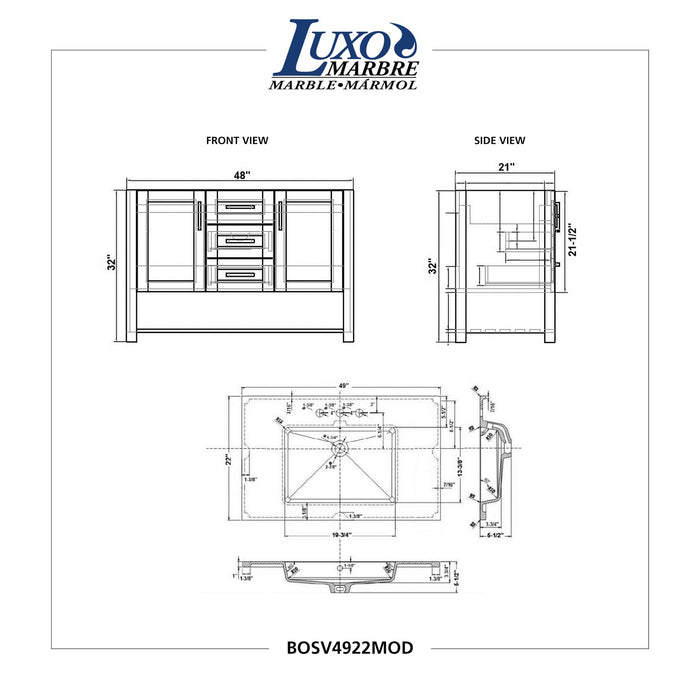 Luxo Marbre Bossy Freestanding Vanity with 2 Shaker-style Drawers, 2 Shaker-style Doors and Ribbed Lower Shelf