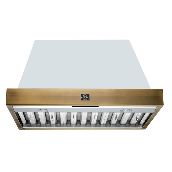 Forno VITTORIO 36" Wall Mount Range Hood in White & Antique Brass Trim 600 CFM, Remote Control - FRHWM5078-36WHT
