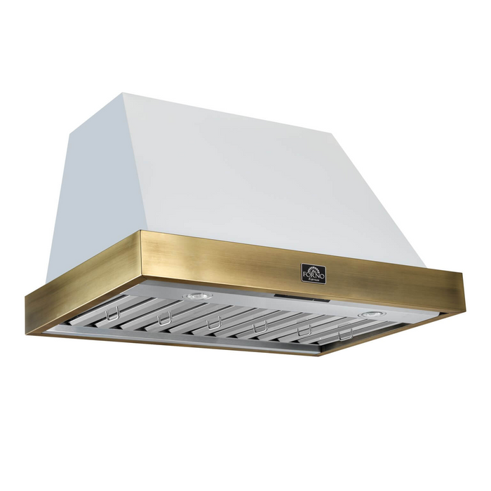 Forno VITTORIO 36" Wall Mount Range Hood in White & Antique Brass Trim 600 CFM, Remote Control - FRHWM5078-36WHT