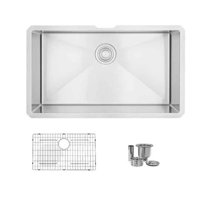 Stylish ZAFIRO 30" Single Bowl Kitchen Sink, 16 Gauge Stainless Steel with Grid and Basket Strainer - S-311XG