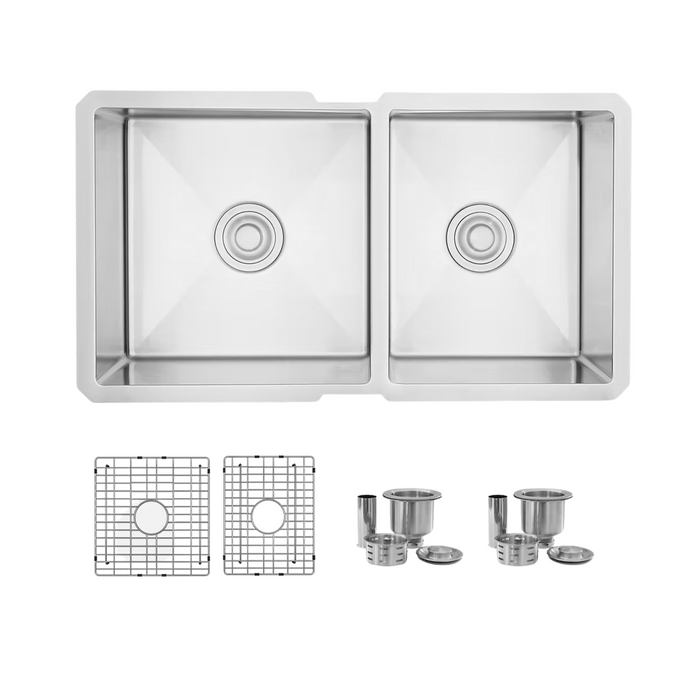 Stylish BERYL 33" Double Bowl 60/40 Reversible Undermount Kitchen Sink, 16 Gauge Stainless Steel with Grids and Basket Strainers - S-322XG