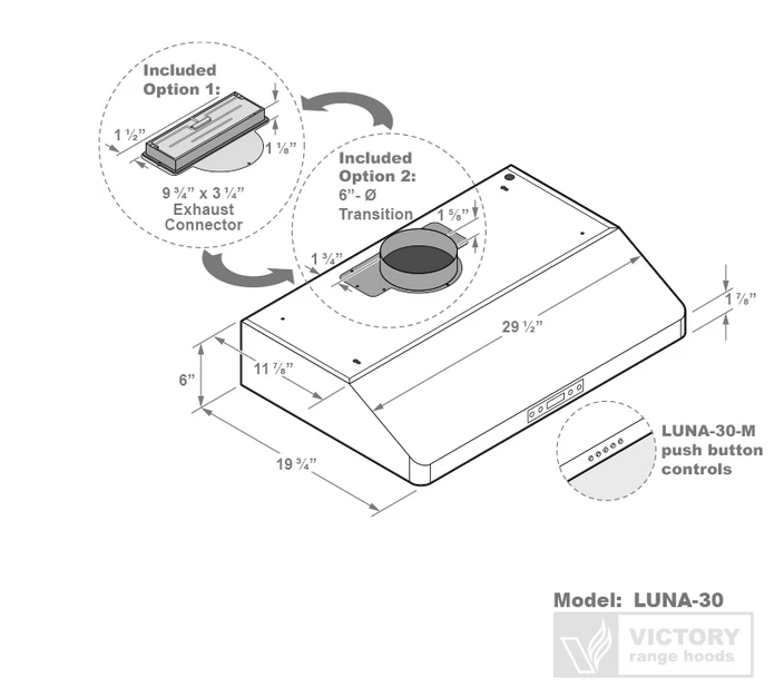 Victory Range Hoods Luna 30" 600 CFM Under Cabinet Range Hood