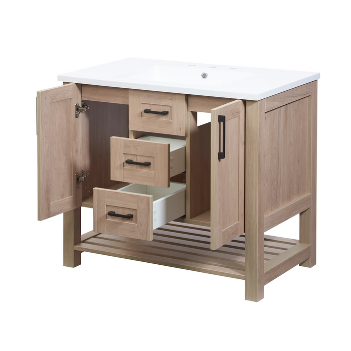 Luxo Marbre Bossy Freestanding Vanity with 2 Shaker-style Drawers, 2 Shaker-style Doors and Ribbed Lower Shelf