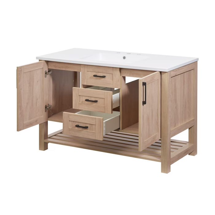 Luxo Marbre Bossy Freestanding Vanity with 2 Shaker-style Drawers, 2 Shaker-style Doors and Ribbed Lower Shelf