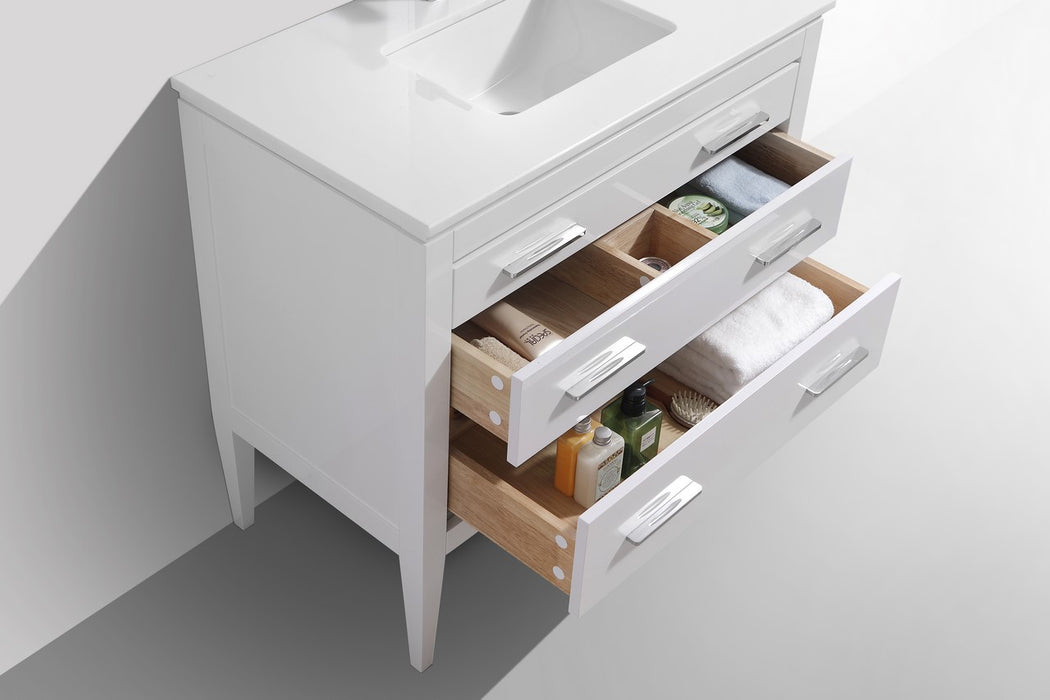 KubeBath Eiffel 36" High Gloss White Freestanding Vanity w/ Quartz Countertop