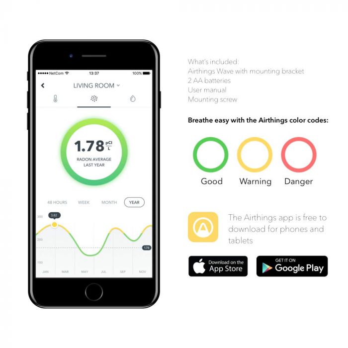 Airthings Wave Radon - Smart Radon Detector with Humidity & Temperature Sensor