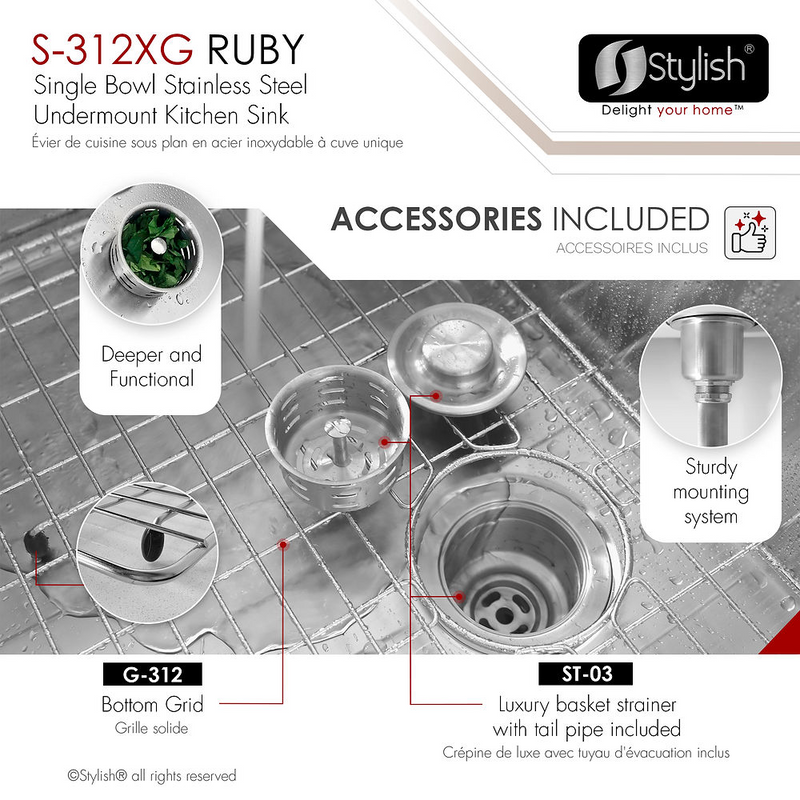 Stylish TEAL 25" Single Bowl Kitchen Sink, 16 Gauge Stainless Steel with Grid and Basket Strainer - S-312XG