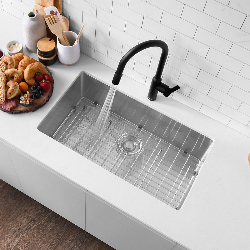 Stylish RUBY 32" Single Bowl Kitchen Sink, 16 Gauge Stainless Steel with Grid and Basket Strainer - S-323XG