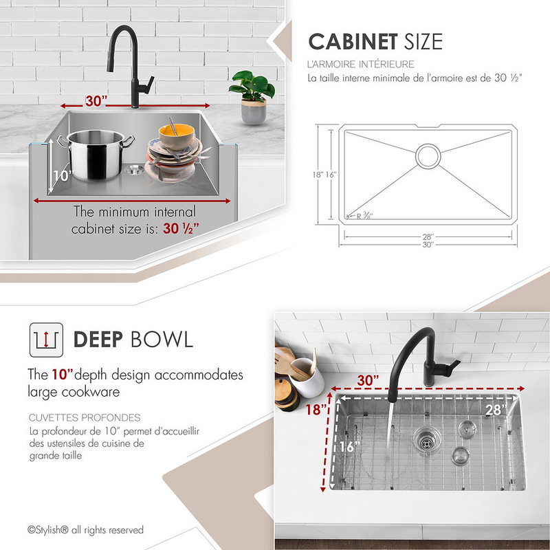 Stylish ZAFIRO 30" Single Bowl Kitchen Sink, 16 Gauge Stainless Steel with Grid and Basket Strainer - S-311XG
