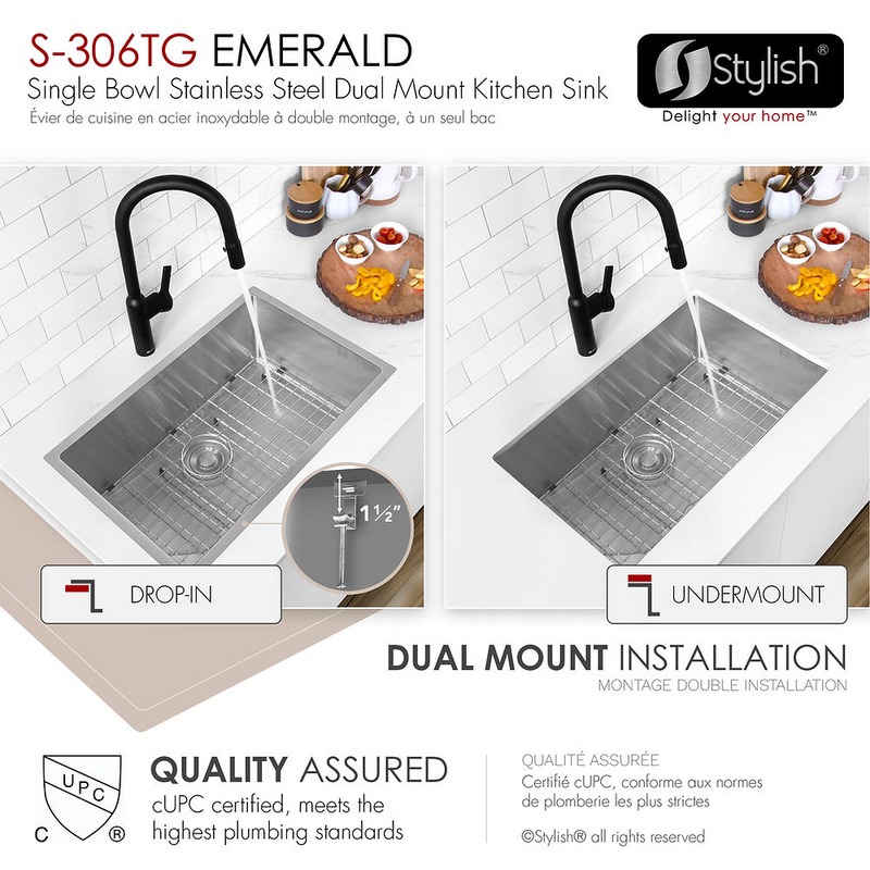 Stylish EMERALD 28" Dual Mount Single Bowl Kitchen Sink, 18 Gauge Stainless Steel with Grid and Basket Strainer - S-306TG