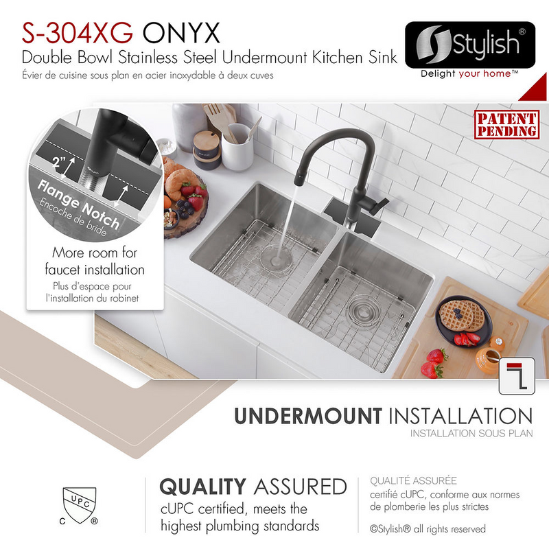 Stylish ONYX 30" Undermount or Drop-in Double Bowl Kitchen Sink, 16 Gauge Stainless Steel with Grids and Basket Strainers - S-304XG