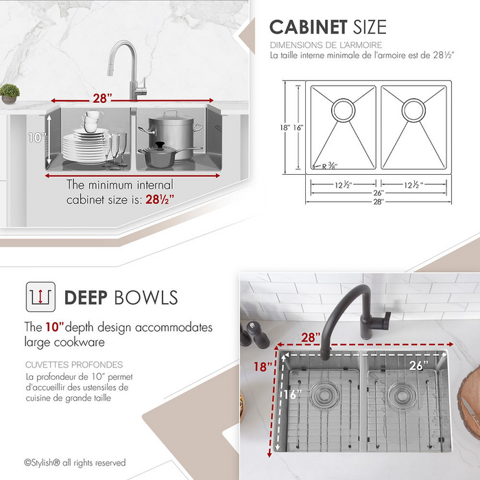 Stylish TOPAZ 28" Dual Mount Double Bowl Kitchen Sink, 18 Gauge Stainless Steel with Grids and Basket Strainers - S-300TG
