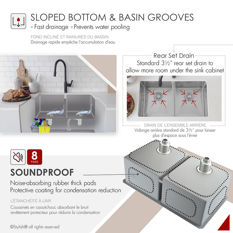 Stylish ZIRCON 32" Double Bowl Kitchen Sink, 16 Gauge Stainless Steel with Grids and Basket Strainers - S-301XG