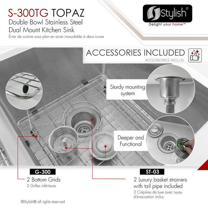 Stylish TOPAZ 28" Dual Mount Double Bowl Kitchen Sink, 18 Gauge Stainless Steel with Grids and Basket Strainers - S-300TG