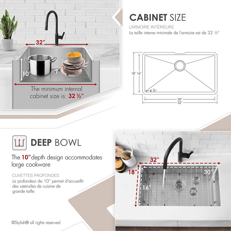 Stylish RUBY 32" Single Bowl Kitchen Sink, 16 Gauge Stainless Steel with Grid and Basket Strainer - S-323XG