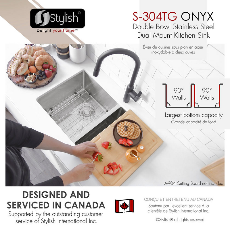 Stylish ONYX 30" Undermount or Drop-in Double Bowl Kitchen Sink, 18 Gauge Stainless Steel with Grids and Basket Strainers - S-304TG