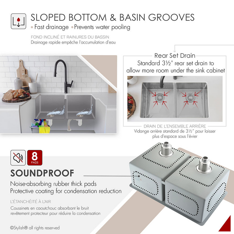 Stylish ONYX 30" Undermount or Drop-in Double Bowl Kitchen Sink, 18 Gauge Stainless Steel with Grids and Basket Strainers - S-304TG