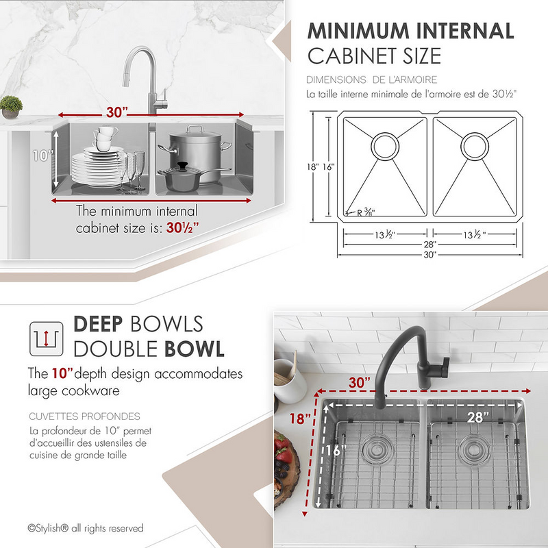Stylish ONYX 30" Undermount or Drop-in Double Bowl Kitchen Sink, 16 Gauge Stainless Steel with Grids and Basket Strainers - S-304XG