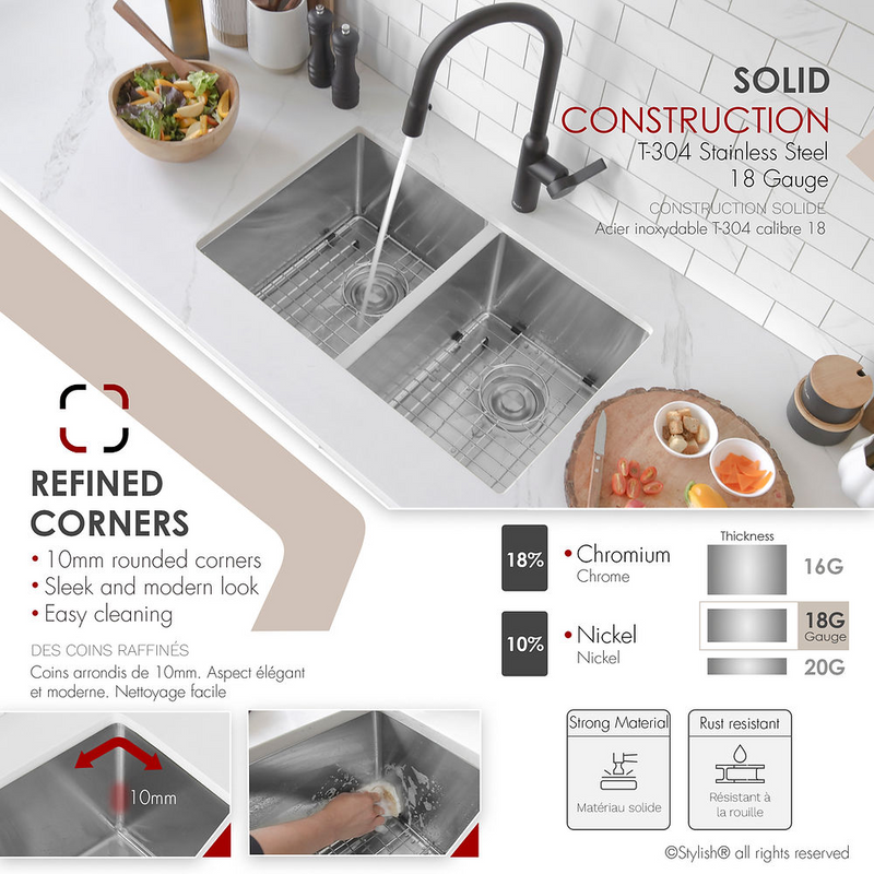Stylish TOPAZ 28" Dual Mount Double Bowl Kitchen Sink, 18 Gauge Stainless Steel with Grids and Basket Strainers - S-300TG