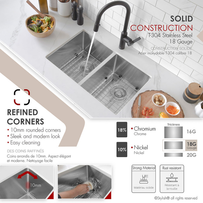 Stylish TOPAZ 28" Dual Mount Double Bowl Kitchen Sink, 18 Gauge Stainless Steel with Grids and Basket Strainers - S-300TG
