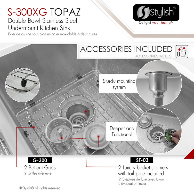 Stylish TOPAZ 28" Double Bowl Kitchen Sink, 16 Gauge Stainless Steel with Grids and Basket Strainers - S-300XG