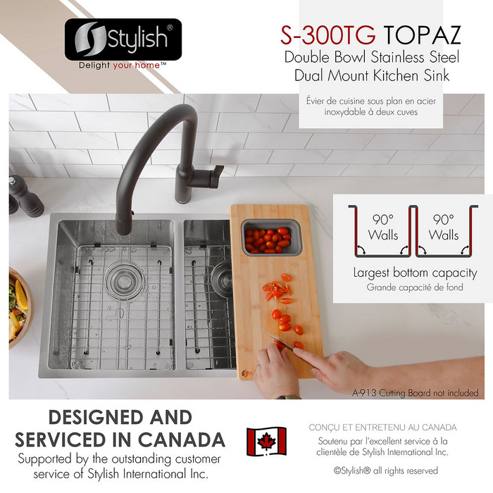Stylish TOPAZ 28" Dual Mount Double Bowl Kitchen Sink, 18 Gauge Stainless Steel with Grids and Basket Strainers - S-300TG
