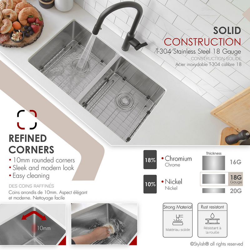 Stylish ONYX 30" Undermount or Drop-in Double Bowl Kitchen Sink, 18 Gauge Stainless Steel with Grids and Basket Strainers - S-304TG