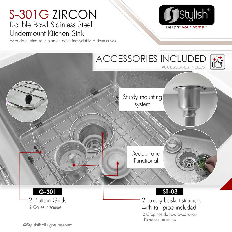 Stylish ZIRCON 32" Double Bowl Kitchen Sink, 18 Gauge Stainless Steel with Grids and Basket Strainers - S-301G