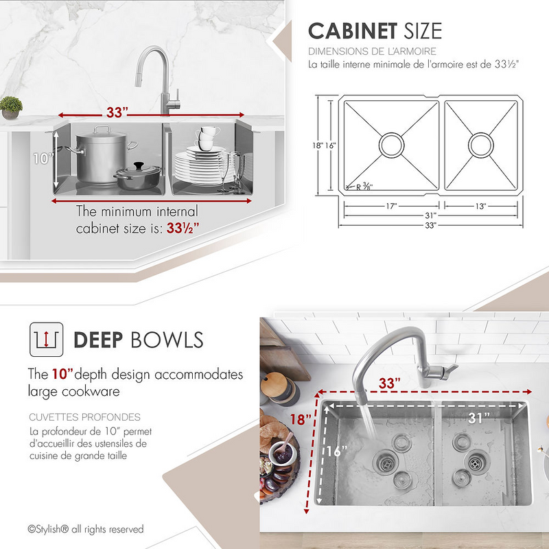 Stylish BERYL 33" Double Bowl 60/40 Reversible Undermount Kitchen Sink, 16 Gauge Stainless Steel with Grids and Basket Strainers - S-322XG