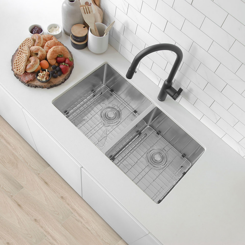 Stylish ZIRCON 32" Double Bowl Kitchen Sink, 16 Gauge Stainless Steel with Grids and Basket Strainers - S-301XG