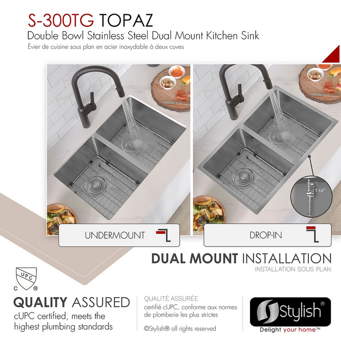 Stylish TOPAZ 28" Dual Mount Double Bowl Kitchen Sink, 18 Gauge Stainless Steel with Grids and Basket Strainers - S-300TG