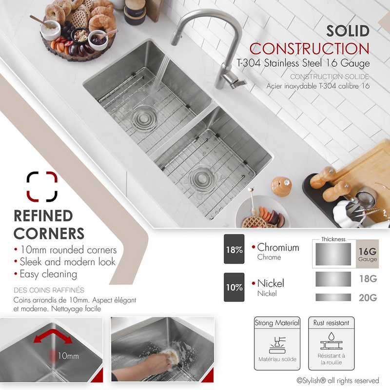 Stylish BERYL 33" Double Bowl 60/40 Reversible Undermount Kitchen Sink, 16 Gauge Stainless Steel with Grids and Basket Strainers - S-322XG