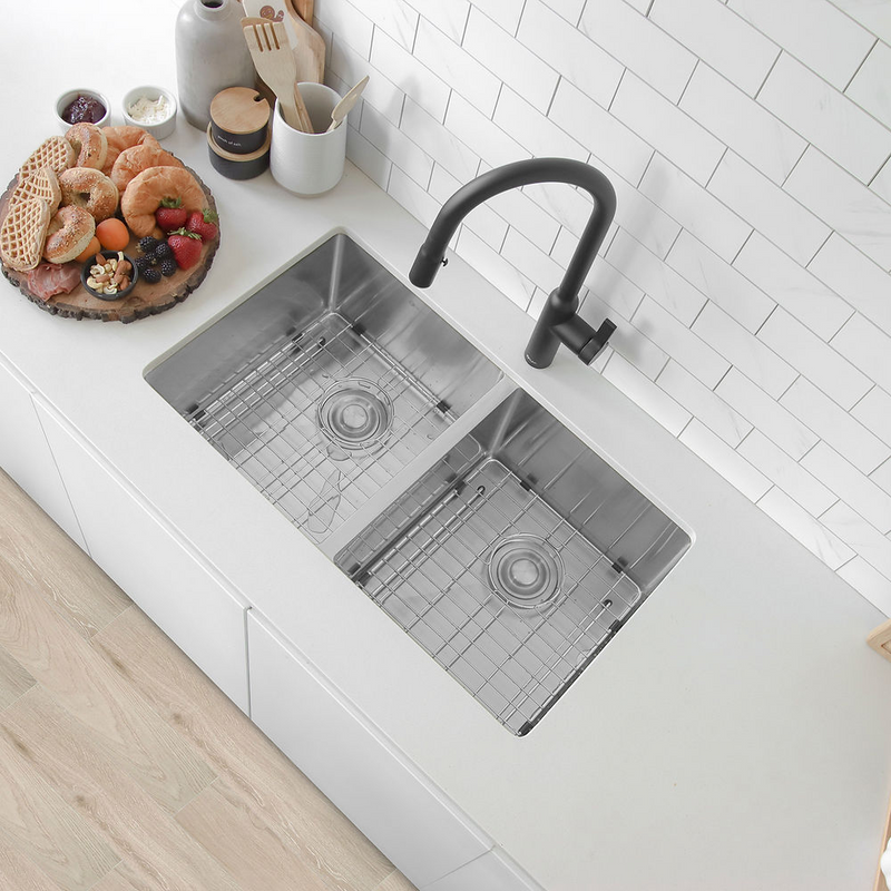 Stylish ONYX 30" Undermount or Drop-in Double Bowl Kitchen Sink, 16 Gauge Stainless Steel with Grids and Basket Strainers - S-304XG
