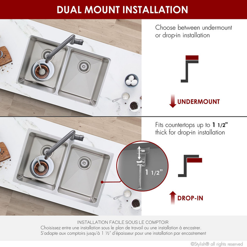 Stylish 31" TOLEDO Dual Mount Double Bowl Kitchen Sink - S-401-3