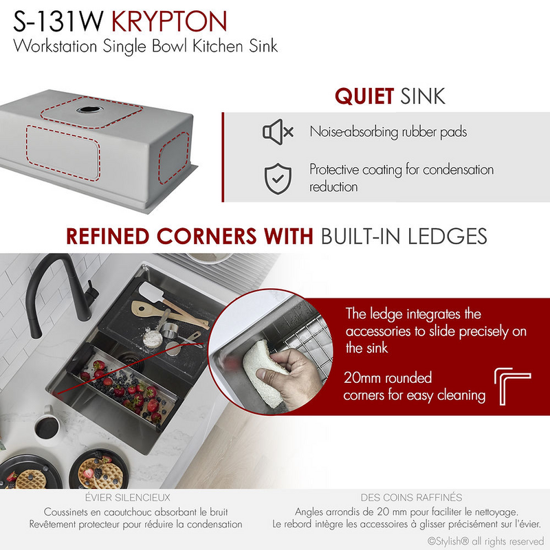 Stylish KRYPTON 31" Workstation Single Bowl Undermount and Drop-in 16 Gauge Stainless Steel Kitchen Sink with Built in Accessories - S-131W