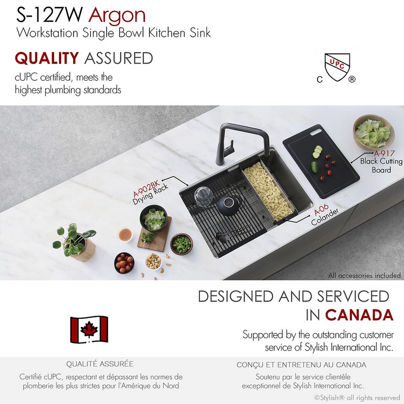 Stylish ARGON 27" Workstation Single Bowl Undermount and Drop-in 16 Gauge Stainless Steel Kitchen Sink with Built in Accessories - S-127W