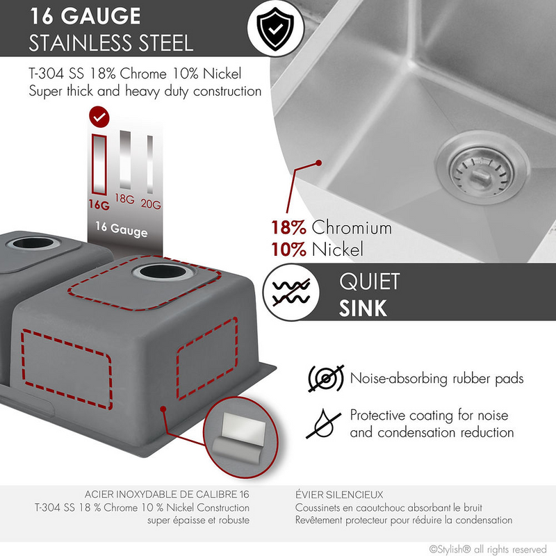 Stylish 31" TOLEDO Dual Mount Double Bowl Kitchen Sink - S-401-3