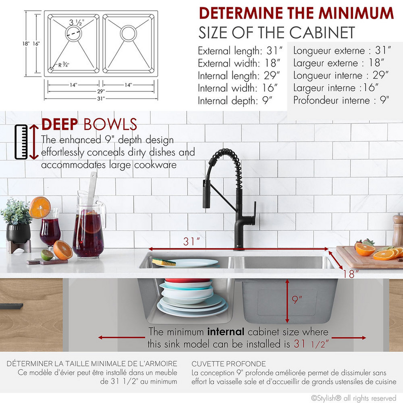 Stylish 31" TOLEDO Dual Mount Double Bowl Kitchen Sink - S-401-3