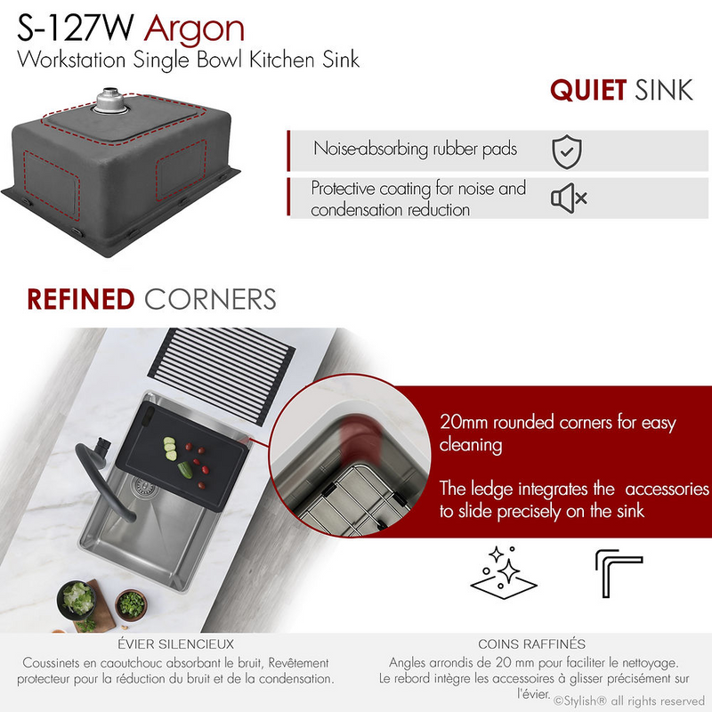 Stylish ARGON 27" Workstation Single Bowl Undermount and Drop-in 16 Gauge Stainless Steel Kitchen Sink with Built in Accessories - S-127W