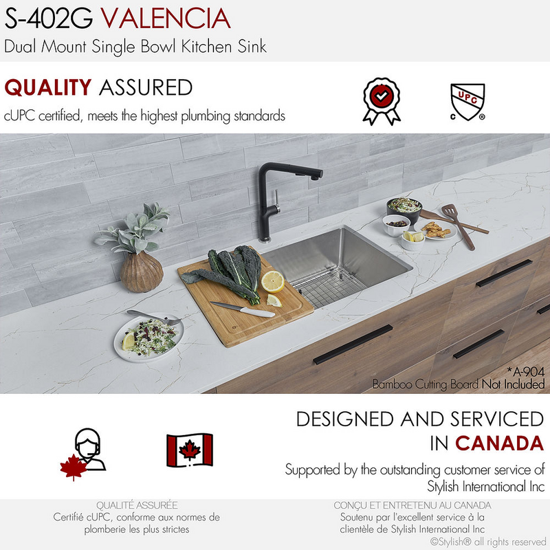 Stylish VALENCIA 31" Dual mount Single Bowl Kitchen Sink, 16 Gauge Stainless Steel with Grid and Standard Strainer - S-402G