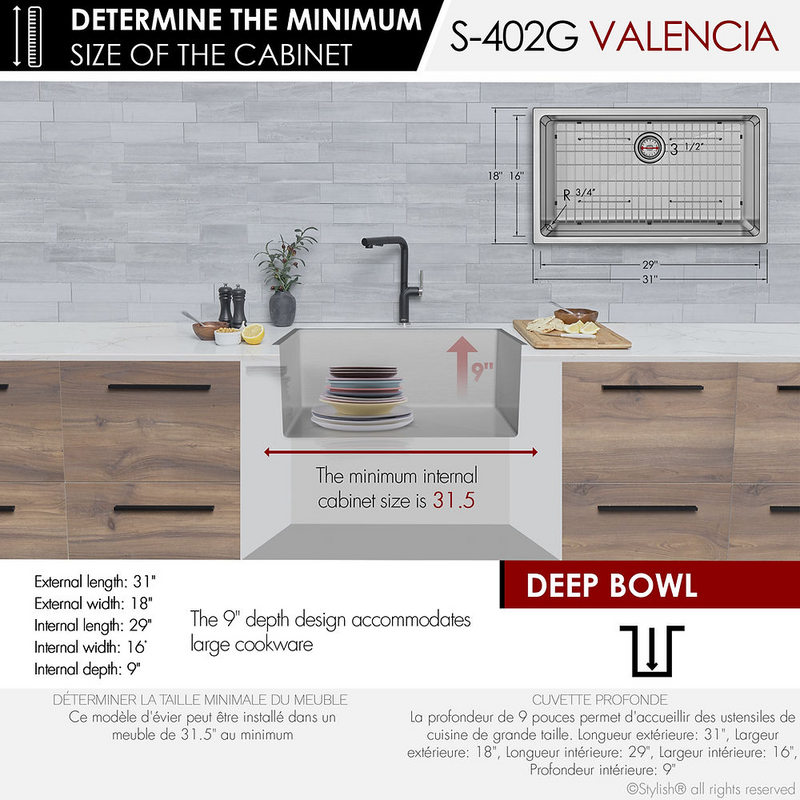 Stylish VALENCIA 31" Dual mount Single Bowl Kitchen Sink, 16 Gauge Stainless Steel with Grid and Standard Strainer - S-402G