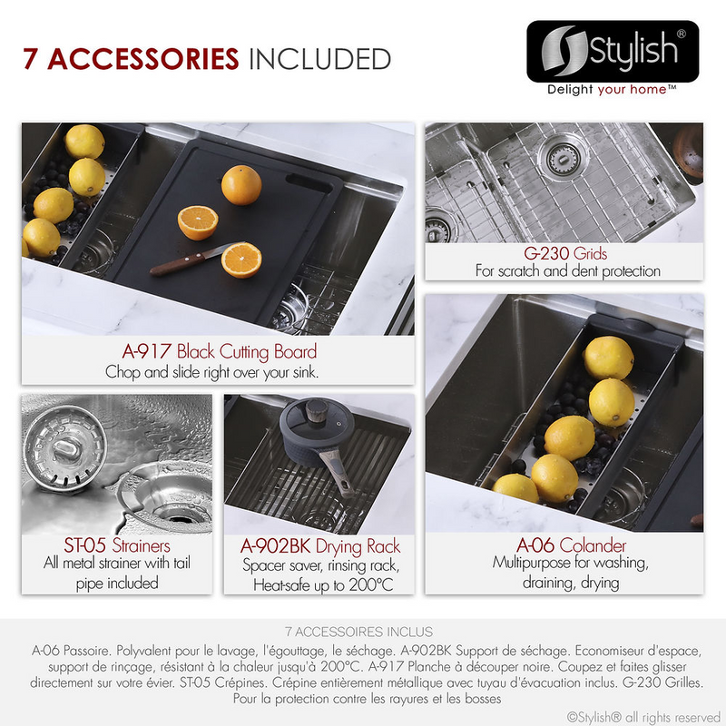 Stylish BORON 30" Workstation Double Bowl Undermount and Drop-in 16 Gauge Stainless Steel Kitchen Sink with Built in Accessories - S-230W