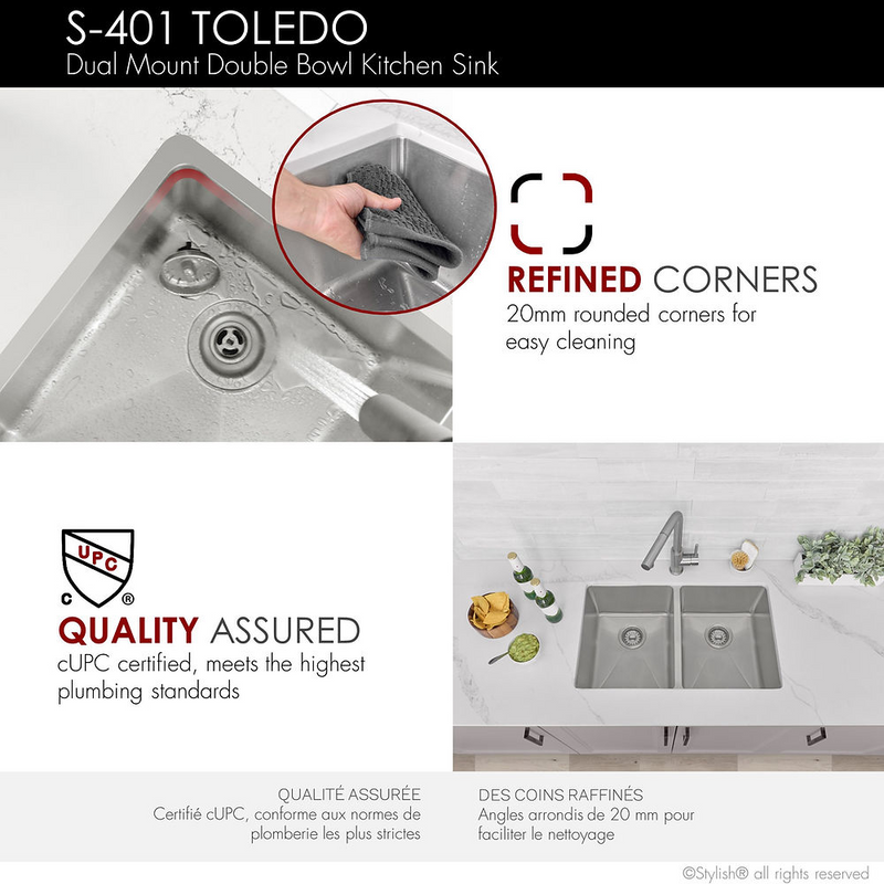 Stylish 31" TOLEDO Dual Mount Double Bowl Kitchen Sink - S-401-3